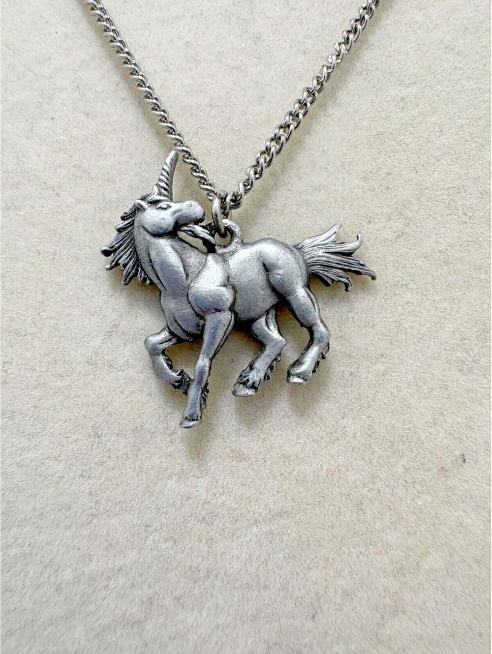 Vintage JJ Jonette Silver Tone Unicorn Pendant on 15" Chain
